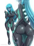  1girl ass ass_visible_through_thighs blue_eyes blue_hair blue_skin bodysuit breasts canadiananiguy colored_skin covered_navel dark_samus highres impossible_bodysuit impossible_clothes large_breasts long_hair looking_at_viewer metroid metroid_prime mole mole_under_mouth monster_girl personification skin_tight smile smirk super_smash_bros. zero_suit 