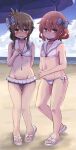  2girls bare_arms bare_legs bare_shoulders beach bikini blush brown_eyes brown_hair closed_mouth day folded_ponytail groin hair_between_eyes highres ikazuchi_(kancolle) inazuma_(kancolle) kantai_collection long_hair looking_at_viewer multiple_girls navel ocean open_mouth outdoors sailor_collar sandals short_hair swimsuit toes unagiman white_bikini white_sailor_collar 