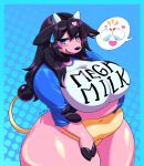  anthro baniflakes belly big_breasts black_hair black_hooves black_nose blue_background blue_border blue_eyes border breasts clothed clothing english_text female generation_2_pokemon grey_horn hair hi_res hooves horn huge_breasts huge_hips huge_thighs mega_milk meme milk_container miltank nintendo offscreen_character open_mouth pantsless pictographics pink_body pokemon pokemon_(species) shirt simple_background slightly_chubby slightly_chubby_female solo sweatdrop_(iconography) tail text thick_thighs topwear white_clothing white_shirt white_topwear wide_hips yellow_body 