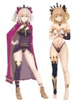  2girls absurdres ahoge anklet armlet artoria_pendragon_(fate) bare_shoulders bikini black_dress black_thighhighs blonde_hair bow bracelet breasts cape cosplay detached_collar detached_sleeves dress earrings ereshkigal_(fate) ereshkigal_(fate)_(cosplay) fate/stay_night fate_(series) full_body gold_trim green_eyes grin hair_bow hair_ribbon high_heels highres hood hooded_cape hoop_earrings ishtar_(fate) ishtar_(fate)_(cosplay) jewelry long_hair looking_at_viewer medium_breasts mismatched_bikini multiple_girls neck_ring open_mouth quatthro ribbon saber_(fate) saber_alter short_dress sidelocks single_detached_sleeve single_thighhigh skull_ornament smile spine swimsuit thighhighs thighlet tiara two_side_up yellow_eyes 