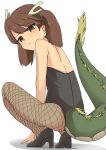  1girl absurdres alternate_costume bare_shoulders black_leotard blush brown_eyes brown_hair closed_mouth dragon_girl dragon_horns dragon_tail fishnet_pantyhose fishnets hair_between_eyes high_heels highres horns kantai_collection leotard long_hair looking_at_viewer nozea pantyhose ryuujou_(kancolle) simple_background solo squatting tail twintails white_background 
