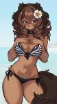  1girl animal_ears animal_nose bikini black_bikini black_collar breasts brown_fur brown_tail collar collarbone cowboy_shot curly_hair dark-skinned_female dark_skin dog_ears dog_girl dog_tail drill_hair flower freckles front-tie_bikini_top front-tie_top frown grey_eyes groin hair_flower hair_ornament hands_on_own_chest highres large_tail looking_at_viewer medium_breasts medium_hair navel ocean original outdoors photo_background puppyypawss red-framed_eyewear side-tie_bikini_bottom solo striped_bikini striped_clothes swimsuit tail thighs twin_drills wet white_flower 