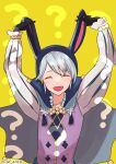  1boy ? animal_ears arms_up bangs closed_eyes cm_anco eyebrows_visible_through_hair fake_animal_ears fire_emblem fire_emblem_awakening fire_emblem_heroes gloves henry_(fire_emblem) highres long_sleeves official_alternate_costume open_mouth rabbit_ears short_hair silver_hair solo twitter_username upper_body yellow_background 