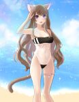  1girl animal_ears bangs breasts brown_hair cat_ears cat_girl cat_tail cloud covered_navel english_commentary eyebrows_visible_through_hair gris_swimsuit highres lens_flare long_hair looking_ahead medium_breasts meme_attire open_mouth purple_hair reward_available sakurai_hana sakurai_hana_(artist) salute sky smile solo sparkle tail thigh_strap vdonburi virtual_youtuber web_address 