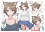  1boy 1girl :&lt; animal_ear_fluff animal_ears bangs bed_sheet black_jacket blue_skirt blush breasts brown_eyes brown_hair cat_ears closed_eyes closed_mouth collarbone commentary_request eyebrows_visible_through_hair food food_on_face hanae_haruka highres hood hood_down hoodie jacket long_sleeves multiple_views off-shoulder_shirt off_shoulder open_mouth original pillow red_shirt shirt short_hair skirt sleeping sleeves_past_wrists small_breasts translation_request under_covers white_background white_hoodie 