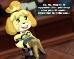  absurd_res animal_crossing anthro blonde_hair bottomwear butt canid canine canis clothed clothing crossed_legs digital_media_(artwork) domestic_dog english_text female footwear fur hair hi_res high_heels isabelle_(animal_crossing) legwear looking_at_viewer mammal miniskirt nintendo open_mouth sandybelldf shih_tzu shoes sitting skirt smile solo stockings teeth text tongue topwear toy_dog video_games yellow_body yellow_fur 
