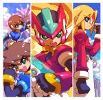  1girl 2boys aile_(mega_man_zx) armor blonde_hair blue_eyes blue_jacket border brown_hair capcom cropped_jacket energy_sword girouette_(mega_man) glasses green_eyes helmet holding holding_sword holding_weapon jacket long_hair mega_man_(series) mega_man_zx model_zx_(mega_man) multiple_boys nakayama_tooru official_art open_clothes open_jacket pants power_armor red_armor red_helmet red_jacket second-party_source semi-rimless_eyewear short_hair shorts sword under-rim_eyewear vent_(mega_man) weapon white_border white_pants white_shorts 