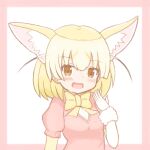  1girl :d animal_ear_fluff animal_ears blonde_hair blush bow breasts brown_eyes commentary_request elbow_gloves fennec_(kemono_friends) fox_ears gloves hand_up highres kemono_friends looking_at_viewer multicolored_hair pink_background pink_sweater puffy_short_sleeves puffy_sleeves shirt short_sleeves small_breasts smile solo sunanuko_(ramuneko) sweater two-tone_background two-tone_hair white_background white_gloves white_shirt yellow_bow 