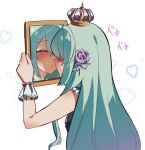  1girl ^_^ blush closed_eyes commentary crown derivative_work drawfag english_commentary finana_ryugu flower green_hair hair_flower hair_ornament head_fins heart highres holding holding_mirror long_hair mirror neck_tattoo nijisanji nijisanji_en object_kiss purple_flower solo sweatdrop tattoo virtual_youtuber white_background wrist_cuffs 