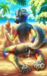 2_tails absurd_res after_anal after_sex animal_genitalia animal_penis anthro anus balls beach black_body blue_eyes blue_hair bodily_fluids butt canid canine canine_genitalia canine_penis canis clothing cloud cum cum_from_ass cum_in_ass cum_inside cum_on_butt cum_on_feet detailed detailed_background digital_media_(artwork) digital_painting_(artwork) fangs feet fur genital_fluids genitals hair hat headgear headwear hi_res legwear lgbt_pride light looking_at_viewer looking_back male mammal markings multi_tail multicolored_clothing multicolored_legwear multicolored_stockings nude outside palm_tree pawpads paws penis phallic_looking plant presenting presenting_hindquarters pride_colors rainbow_clothing rainbow_legwear rainbow_stockings raised_tail rear_view sand sand_castle sculpture seaside seductive shaded signature sky smile solo stockings summer sunlight tail tailbyte teeth tree water wolf