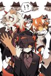  2021 ?! aak_(arknights) anthro arknights black_body black_ears black_fur black_hair black_stripes canid canine canis clothed clothing domestic_dog eyebrows felid floppy_ears front_view fur group hair hi_res hung_(arknights) hypergryph mammal multicolored_hair orange_hair pantherine red_eyebrows red_hair south_ac striped_body striped_fur stripes studio_montagne tan_body tan_ears tan_fur tiger two_tone_hair video_games waaifu_(arknights) white_ears white_hair 