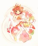  1girl ahoge blush brown_hair cardcaptor_sakura cherry_blossoms crown dress elbow_gloves flower fuuin_no_tsue gloves green_eyes highres holding holding_wand kero kinomoto_sakura looking_at_viewer magical_girl puffy_shorts short_hair shorts smile sunflower-m thighhighs two_side_up wand white_dress white_legwear wings 