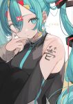  1girl arm_tattoo bangs bare_shoulders black_legwear black_shirt blue_eyes blue_hair blue_nails choker closed_mouth collared_shirt detached_sleeves earrings hair_between_eyes hair_ornament hatsune_miku highres jewelry knees_up long_hair long_sleeves looking_at_viewer nail_polish pantyhose shin_no_tenpii shirt simple_background sitting solo tattoo translation_request twintails vocaloid white_background yellow_choker 