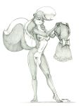  2022 anthro areola baron_engel breasts clothing eyebrows feet female fluffy fluffy_tail fur genitals graphite_(artwork) greyscale hi_res holding_clothing holding_object maid_uniform mammal mephitid monochrome navel nipples nude pencil_(artwork) plantigrade pussy rosemary_parker_(character) skunk solo traditional_media_(artwork) uniform 