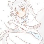  1girl animal_ears arctic_fox_(kemono_friends) bangs blue_bow blue_skirt blush bow brown_eyes capelet closed_mouth commentary_request elbow_gloves eyebrows_visible_through_hair fox_ears fox_girl fox_tail gloves grey_hair hair_between_eyes hands_up kemono_friends long_hair pantyhose pleated_skirt shirt simple_background skirt smile snowing solo sunanuko_(ramuneko) tail very_long_hair white_background white_capelet white_gloves white_legwear white_shirt 