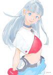  1girl blue_eyes blue_shorts bright_pupils crop_top eyebrows_visible_through_hair from_side grey_choker hair_behind_ear head_tilt listeners long_hair looking_at_viewer midriff mu_(listeners) navel pomodorosa shorts silver_hair sketch smile solo white_background white_pupils 