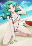  1girl absurdres beach bishoujo_senshi_sailor_moon blue_eyes blue_sky breasts chromatic_aberration cleavage cloud cooler danmakuman dutch_angle full_body green_eyes highres kaiou_michiru kneeling long_hair medium_breasts navel ocean revealing_clothes sky smile solo swimsuit white_swimsuit 