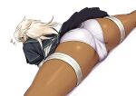  1girl alternate_costume ass ass_focus colorized dark-skinned_female dark_skin dr.p dutch_angle flexible from_behind guilty_gear guilty_gear_xrd looking_at_viewer looking_back lying medium_hair on_stomach panties ramlethal_valentine school_uniform serafuku simple_background skirt solo split thigh_strap underwear upskirt white_background 