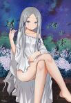  1girl absurdres artist_name bare_shoulders blue_eyes blue_ribbon blush bug butterfly collarbone colored_eyelashes crossed_legs dress hair_ribbon highres humany long_hair looking_at_viewer pandora_(re:zero) pussy re:zero_kara_hajimeru_isekai_seikatsu ribbon ribbon_trim signature silver_hair sitting smile solo white_dress 