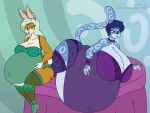  2015 anthro bedroom_eyes belly big_belly big_breasts big_butt blue_hair breasts butt clothing digital_media_(artwork) duo felid feline female fur green_eyes hair hand_on_stomach huge_breasts hyper hyper_belly hyper_pregnancy lagomorph leopardus leporid lingerie mammal martha_(gamemaster19863) multicolored_body multicolored_fur nala_(gamemaster19863) narrowed_eyes navel ocelot outie_navel pregnant rabbit red_eyes satsumalord seductive sitting thick_thighs two_tone_body two_tone_fur 