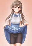  1girl alternate_breast_size alternate_costume anti_(untea9) apron arashio_(kancolle) ass_visible_through_thighs bike_shorts bike_shorts_under_skirt blue_apron blue_bow blue_bowtie blue_skirt bow bowtie breasts brown_eyes brown_hair checkered_apron collared_shirt cowboy_shot employee_uniform eyebrows_visible_through_hair gingham_apron gradient gradient_background hair_between_eyes high-waist_skirt highres kantai_collection kobeya_uniform lifted_by_self lips long_hair looking_at_viewer medium_breasts pink_background plaid plaid_apron pleated_shirt shirt short_sleeves skirt skirt_hold solo twitter_username uniform waitress white_shirt 