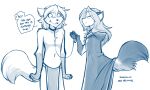  ambiguous_gender anthro blue_and_white blush canid canine canis cloak cloaked clothing clovis_(twokinds) collar conditional_dnp duo fox hi_res hybrid laura_(twokinds) leash_and_collar leg_markings male mammal markings monochrome smile socks_(marking) tom_fischbach twokinds webcomic wolf worried 