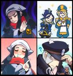  1girl 4boys ? adaman_(pokemon) akari_(pokemon) backpack bag bangs beanie black_hair blonde_hair blue_hair blush closed_eyes closed_mouth coat dark-skinned_male dark_skin drakeposting_(meme) english_commentary galaxy_expedition_team_survey_corps_uniform hand_on_headwear hat highres ingo_(pokemon) laventon_(pokemon) long_hair meme multicolored_hair multiple_boys paperrose pokemon pokemon_(game) pokemon_legends:_arceus ponytail red_scarf saliva scarf smile sparkle volo_(pokemon) w 