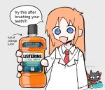  animal blue_eyes bottle carton cat english_text grey_background highres holding holding_bottle juice lab_coat label licking listerine long_hair mouthwash necktie nichijou orange_hair orange_juice professor_shinonome red_necktie sakamoto_(nichijou) shirt speech_bubble spill tunaplus_c white_shirt 