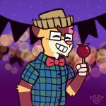  1:1 anthro apple bovid bow_tie candy candy_apple caprine clothed clothing dessert eyes_closed eyewear food fur glasses goat hair hat headgear headwear hi_res holding_food holding_object male mammal night pink_hair pink_marky smile solo yellow_body yellow_fur 