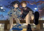  2girls absurdres ankle_boots bare_legs belt_boots bench black_hair black_jacket blue_eyes blue_nails boots brown_hair building choker city city_lights cityscape english_text evening grin hair_between_eyes highres hood hoodie jacket lamppost long_hair looking_at_viewer mashiro_kta multicolored_clothes multicolored_jacket multiple_girls nail_polish no_socks open_clothes open_jacket original red_eyes sandals shoe_soles sitting smile toenail_polish toenails twintails two-tone_footwear two-tone_jacket white_choker 