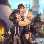  2boys artist_request bara beard black_hair blue_eyes building cloak closed_eyes facial_hair forge gloves gyee hammer hand_on_another&#039;s_head headband hug leg_hair logo loincloth manly master_(gyee) multiple_boys muscular muscular_male official_art pants purple_hair shirt sig_(gyee) smile tattoo thick_arms thick_eyebrows tools topless topless_male towel 