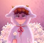  2020 bodily_fluids brown_eyes brown_hair c-lel child crying digital_drawing_(artwork) digital_media_(artwork) flower frown glistening glistening_hair goat_costume hair holding_flower holding_object horn human human_only looking_at_viewer male mammal my_little_goat natsuki_(my_little_goat) not_furry plant sad solo tears the_wolf_and_the_seven_little_goats white_body white_skin young 