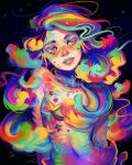  1girl black_background blue_eyeshadow colored_eyelashes colorful curly_hair eyeshadow geneva_bowers gills green_eyeshadow green_lips long_hair looking_at_viewer makeup mermaid monster_girl multicolored_eyes multicolored_eyeshadow multicolored_hair orange_eyes orange_eyeshadow orange_lips original rainbow_eyes rainbow_gradient rainbow_hair scales signature solo starfish starfish_bikini streaked_hair underwater upper_body 