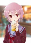  1girl artist_name bangs blue_sailor_collar blurry blurry_background brown_cardigan brown_eyes cardigan commentary_request cup disposable_cup drink drinking expressionless eyebrows_visible_through_hair hair_between_eyes highres holding holding_drink kita_high_school_uniform letterboxed long_sleeves looking_at_viewer nagato_yuki nanabuluku open_cardigan open_clothes photo_background purple_hair red_ribbon ribbon sailor_collar school_uniform serafuku short_hair solo suzumiya_haruhi_no_yuuutsu upper_body watermark 