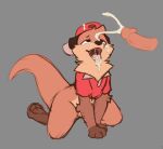  anthro backwards_hat baseball_cap bodily_fluids bottomless brown_body brown_fur chester_the_otter clothed clothing cum cum_in_mouth cum_inside cum_on_face duo elicitie fur genital_fluids genitals hat headgear headwear kneeling kneeling_oral_position lutrine male male/male mammal mustelid penis simple_background smile tongue tongue_out unknown_character 