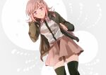  1girl backpack bag black_legwear black_shirt breasts brown_skirt collared_shirt danganronpa_(series) danganronpa_2:_goodbye_despair dress_shirt flipped_hair hood hooded_jacket hope&#039;s_peak_academy_school_uniform jacket konohana_inori large_breasts medium_hair nanami_chiaki over-kneehighs pink_bag pink_eyes pink_hair pink_ribbon pleated_skirt ribbon school_uniform shirt shirt_tucked_in skirt solo spaceship_hair_ornament thighhighs white_shirt 