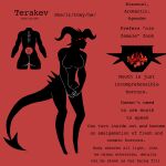  1:1 anonymous_artist back_spikes black_body breasts clawed_fingers eldritch_abomination eldritch_horror english_text featureless_breasts female head_spikes hi_res horn jagged_mouth model_sheet monster multi_eye no_shading red_eyes scalie solo spiked_tail spikes spikes_(anatomy) terakev text 