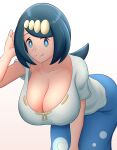  1girl absurdres blue_hair breasts bright_pupils freckles highres kiteman442 lana&#039;s_mother_(pokemon) large_breasts leaning_forward low_ponytail mature_female no_sclera pokemon scoop_neck simple_background solo white_background white_pupils 