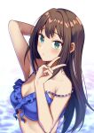  1girl arm_behind_head bangs bikini blue_swimsuit blush breasts brown_hair cleavage commentary_request eyebrows_visible_through_hair eyelashes frilled_bikini frills green_eyes hand_up highres idolmaster idolmaster_cinderella_girls long_hair looking_at_viewer medium_breasts shibuya_rin sidelocks solo strap_slip swimsuit upper_body v water white_background z.nov 