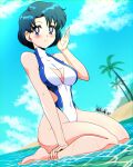  absurdres bangs beach bishoujo_senshi_sailor_moon blue_eyes blue_hair breasts cleavage cleavage_cutout closed_mouth clothing_cutout cloud collarbone commentary_request covered_navel danmakuman eyebrows_visible_through_hair feet forehead full_body hand_up highleg highleg_swimsuit highres looking_back medium_breasts mizuno_ami one-piece_swimsuit outdoors palm_tree parted_bangs reflection reflective_water sailor_mercury seiza short_hair signature sitting sky smile swimsuit thighs toes tree water wet 
