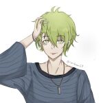  1boy amami_rantarou bangs chiem curly_hair danganronpa_(series) danganronpa_v3:_killing_harmony ear_piercing eyebrows_visible_through_hair eyelashes green_eyes green_hair hair_between_eyes jewelry necklace piercing shirt short_hair solo striped striped_shirt tongue tongue_out twitter_username upper_body white_background 