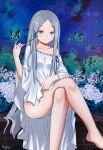  1girl artist_name bare_shoulders blue_eyes blue_ribbon blush bug butterfly collarbone colored_eyelashes crossed_legs dress hair_ribbon highres humany long_hair looking_at_viewer pandora_(re:zero) re:zero_kara_hajimeru_isekai_seikatsu ribbon ribbon_trim signature silver_hair sitting smile solo white_dress 