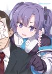  1boy 1girl black_gloves blue_archive blue_necktie breast_press breasts brown_hair drawing eyebrows_visible_through_hair gloves hair_between_eyes hair_ornament highres jacket medium_breasts necktie open_clothes open_jacket paper purple_eyes purple_hair red_necktie sensei_(blue_archive) shirt short_hair super_zombie twintails yuuka_(blue_archive) 