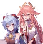  2girls ahoge animal_ears bangs bare_shoulders bell blue_hair blush bow breasts detached_sleeves fox_ears ganyu_(genshin_impact) genshin_impact gold_trim highres horns index_finger_raised japanese_clothes kino_(m6t2a) light_smile long_hair looking_at_another low_ponytail medium_breasts multiple_girls neck_bell open_mouth paper pink_hair purple_eyes sidelocks smile upper_body very_long_hair white_background white_sleeves yae_miko 