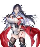  1girl azur_lane bare_shoulders black_gloves black_hair breasts brown_thighhighs collared_shirt dupleix_(azur_lane) gloves half_gloves large_breasts long_hair looking_at_viewer minian mole mole_on_breast purple_eyes round_eyewear shirt sideboob simple_background single_half_glove solo thighhighs very_long_hair white_background white_shirt 