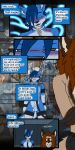 absurd_res anthro bite bite_mark blue_body blue_fur blue_hair blush blush_lines bottomwear brown_eyes brown_hair canid canine canis clothing cobalt_(tatsuchan18) collar collar_ring comic cuffs_(clothing) dialogue duo english_text flashback fox fur green_eyes hair hi_res hybrid inner_monologue leash male mammal metal_collar pants shoulder_bite slave spade_(tatsuchan18) speech_bubble tatsuchan18 teeth_showing text wolf