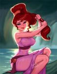  1girl bangs bare_shoulders blue_eyes blurry blurry_background blushy-pixy brown_hair day dress hands_up hercules_(disney) highres long_hair looking_at_viewer megara_(disney) outdoors pink_dress ponytail shiny shiny_hair signature sitting smile solo tree wet wet_clothes wet_hair 