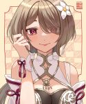  1girl artist_name bangs bare_shoulders breasts brown_hair china_dress chinese_clothes cleavage closed_mouth dress eiimei flower hair_flower hair_ornament hair_over_one_eye highres honkai_(series) honkai_impact_3rd lipstick long_hair looking_at_viewer makeup mole mole_under_eye purple_eyes rita_rossweisse rita_rossweisse_(artemis) smile solo white_flower 