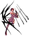 1girl arrow_(projectile) bare_shoulders black_gloves bow_(weapon) brown_choker brown_hair choker closed_mouth collarbone elbow_gloves eyeshadow gloves highres holding holding_bow_(weapon) holding_weapon inkey_(wzwing) makeup one_eye_closed original pink_lips red_eyes short_hair simple_background single_bare_shoulder single_elbow_glove solo striped striped_legwear thighhighs weapon white_background zipper zipper_pull_tab 