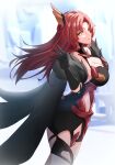  1girl :d armored_leotard back bare_shoulders black_gloves black_leotard breasts cleavage gloves hair_ornament highres honkai_(series) honkai_impact_3rd large_breasts leotard long_hair looking_at_viewer looking_back murata_himeko murata_himeko_(vermillion_knight) open_mouth red_hair reulem smile solo yellow_eyes 